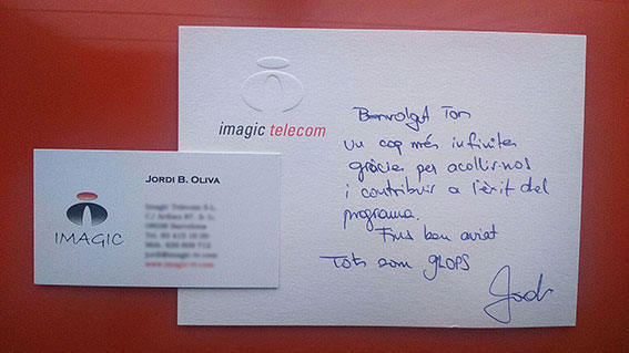 Carta de agradecimiento de la productora Imagic Telecom de Tv3 por la colaboración de Ton Rimbau con el programa Glops en el capítulo Banyes i Vinyes.