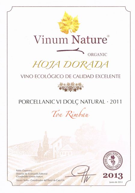 Premio Hoja Dorada 2013 para el Porcellànic Vi Dolç Natural